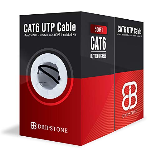 Dripstone - DS612 500ft CAT6 Outdoor Direct Burial Solid Cable 23AWG Waterproof Wire HDPE Insulated Polyethylene (PE) for Indoor/Outdoor Easy Pull Box Black