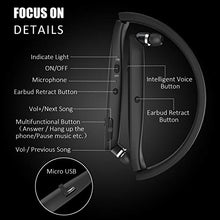 Load image into Gallery viewer, Bluetooth Headphones, RoomyRoc Wireless Neckband Headset Evoking Siri &amp; Bixby with Retractable Earbuds, Sports Sweat-Proof Noise Cancelling Foldable Stereo Earphones with Mic (Black)
