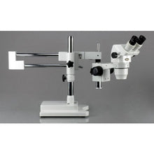 Load image into Gallery viewer, AmScope ZM-4BV3 Professional Binocular Stereo Zoom Microscope, EW10x and EW20x Eyepieces, 2X-180X Magnification, 0.67X-4.5X Zoom Objective, Ambient Lighting, Double-Arm Boom Stand, Includes 0.3x and 2
