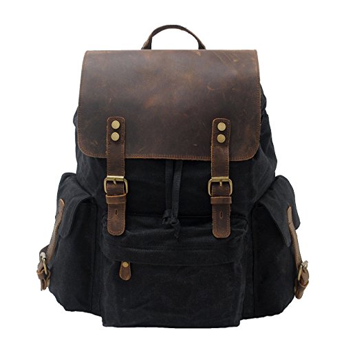 Honeystore Vintage Canvas Leather Laptop Backpack Bookbag Travel Hiking Rucksack Black