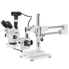 Load image into Gallery viewer, AmScope 7X-45X Simul-Focal Stereo Zoom Microscope on Boom Stand with a Fluorescent Light and 18MP USB3 Camera
