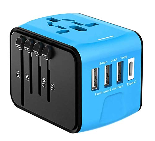 Travel Adapter, Goldsen Universal Power Adapter Type-C Wall Charger with High Speed 3 USB Charger Port Worldwide Plugs Converter AC Power Outlet Multi Travel Adapter for UK EU AU Asia Italy (Blue)