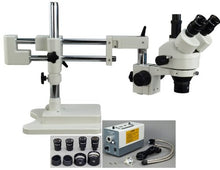 Load image into Gallery viewer, OMAX 3.5X-90X Zoom Trinocular Dual-Bar Boom Stand Stereo Microscope with Cold Y-Type Gooseneck Fiber Light
