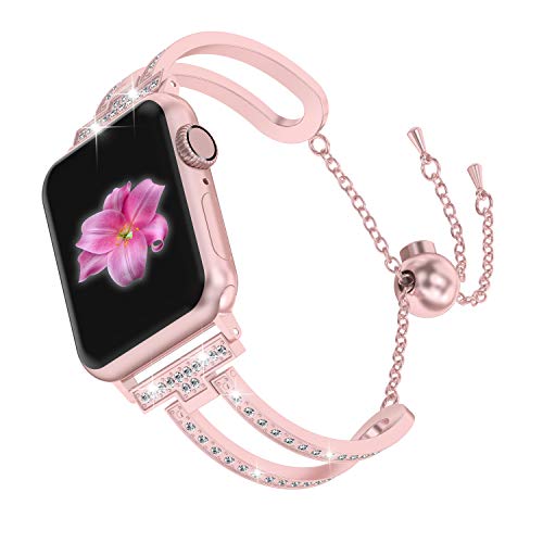 Wearlizer Rose Gold Compatible with Apple Watch Band 38mm 40mm Womens iWatch Bling Jewelry U-Type Dressy Wristband Steel with Rhinestone Bangle Strap Metal Bracelet Chain Series SE 6 5 4 3 2 1