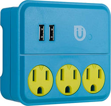 Load image into Gallery viewer, Uber Power Tap Charging Station, 3 Grounded Outlets, 2 USB Charger Ports, 2.1A, 3 Prong, Phone Holder, Perfect Outlet Extender for Kids Rooms, Twist-to-Close Safety Covers, UL Listed, Blue/Yellow, 251
