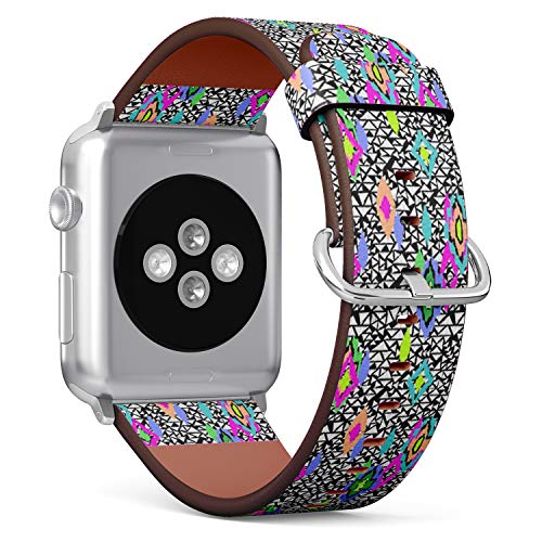 Compatible with Small Apple Watch 38mm, 40mm, 41mm (All Series) Leather Watch Wrist Band Strap Bracelet with Adapters (Neon Tribal Ikat Shapes Over)