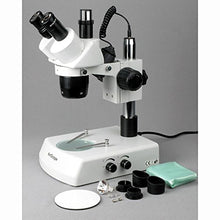 Load image into Gallery viewer, AmScope SW-2T13Z Trinocular Stereo Microscope, WH10x Eyepieces, 10X/20X/30X/60X Magnification, 1X/3X Objective, Upper and Lower Halogen Lighting, Pillar Stand, 110V-120V, Includes 2.0x Barlow Lens
