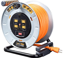 Load image into Gallery viewer, Masterplug Power At Work Metal Steel Drum with Four Powered Outlets, Open Cord Reel with Winding Handle, Safety Overload Circuit Breaker and Power Switch, 50 Feet 12AWG, High Visibility Cord, Orange
