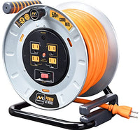 Masterplug Power At Work Metal Steel Drum with Four Powered Outlets, Open Cord Reel with Winding Handle, Safety Overload Circuit Breaker and Power Switch, 50 Feet 12AWG, High Visibility Cord, Orange