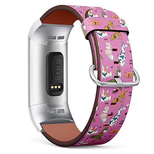 Replacement Leather Strap Printing Wristbands Compatible with Fitbit Charge 3 / Charge 3 SE - Hand Drawn Cartoon Style Dogs