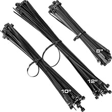 Load image into Gallery viewer, Pro-Grade, Black Zip Ties Multisize Set of 150. High-Strength Cable Tie Pack Has 50x 8 10 12 inch UV-Resistant Nylon Fasteners. Durable Wraps For Storage, Organization and Wire Management.
