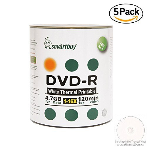 Smartbuy 500-disc 4.7gb/120min 16x DVD-R White Thermal Hub Printable Blank Media Recordable Disc