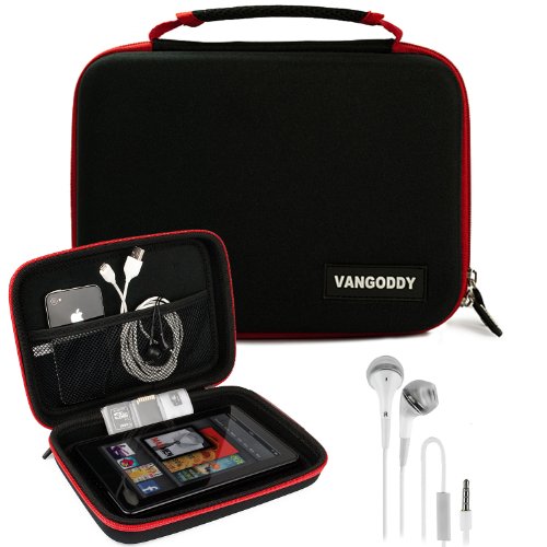 VanGoddy Harlin Red Black Hard Shell Carrying Case for Kobo Touch 2.0, Glo HD, Aura H20 eReader's + Ear Buds with Mic