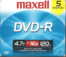 Load image into Gallery viewer, Maxell 5-Pack 4.7GB, 16X, 120-Minute DVD-R
