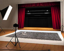 Load image into Gallery viewer, Laeacco Modern Red Curtain Stage Backdrop 10x8ft Vinyl Bright Red Stage Valance Spotlight Wooden Floor Photography Background Performance Live Show Banner Singer Adult Child Portrait Shoot Photocall
