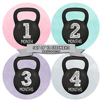Months In Motion Baby Monthly Milestone Stickers - First Year Set of Baby Girl Month Stickers for Photo Keepsakes - Shower Gift - Workout Kettebell Gym Crossfit