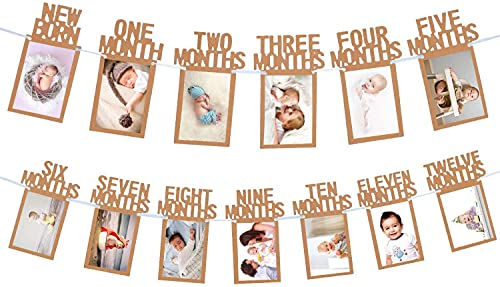 Whaline 1st Birthday Baby Photo Banner for Newborn to 12 Months, Monthly Milestone Photograph Bunting Garland, First Birthday Celebration Decoration (Kraft)