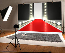 Load image into Gallery viewer, Laeacco Red Carpet Stage Backdrop 10x8ft Vinyl Cartoon Vintage Red Carpet Stairs to Throne Spotlight Photography Background Studio Child Adult Bride Wedding Portrait Shoot Show Party Banner
