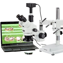 Load image into Gallery viewer, AmScope SM-4TZ-144-5MT Trinocular Stereo Microscope, WF10x Eyepieces, 3.5X-90X Magnification, 0.7X-4.5X Objective Power, 0.5X and 2.0X Barlow Lenses, 144-Bulb Ring-Style LED Light Source, Double-Arm B
