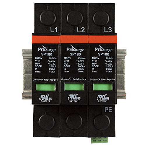 ASI ASISP180-3P UL 1449 4th Ed. DIN Rail Mounted Surge Protection Device, Screw Clamp Terminals, 3 Pole, 3 Phase 208/120 Vac, Pluggable MOV Module