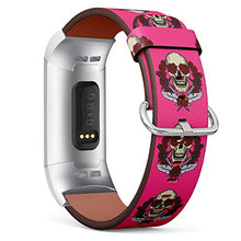Load image into Gallery viewer, Replacement Leather Strap Printing Wristbands Compatible with Fitbit Charge 3 / Charge 3 SE - Rose and Skull Turquoise Background
