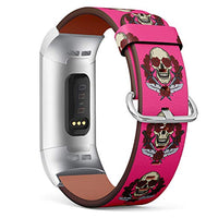 Replacement Leather Strap Printing Wristbands Compatible with Fitbit Charge 3 / Charge 3 SE - Rose and Skull Turquoise Background