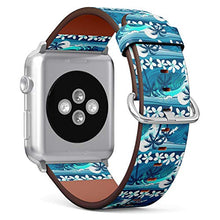 Load image into Gallery viewer, Compatible with Apple Watch (38/40 mm) Series 5, 4, 3, 2, 1 // Leather Replacement Bracelet Strap Wristband + Adapters // Blue Tropical Surfing Palm Trees
