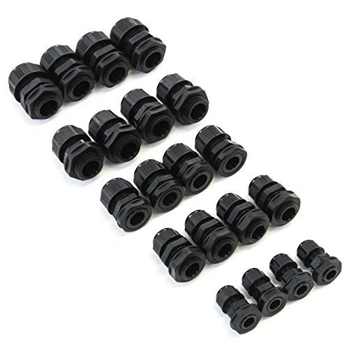20 pcs Cable Glands Cord Grip Strain Relief and Firewall Fitting 5 Size Variety Pack - 3.5 to 14 mm Plastic Waterproof Adjustable Lock Nut Cable Connectors Joints with Gaskets