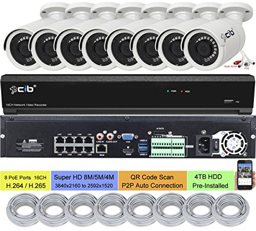 CIB 16CH (8CH POE Plus 8CH Non POE) NVR 8MP/5MP/4MP (3840x2160 to 2592x1520) H.265, HDMI 4K Output, 8x5MP (2592x1944) POE Metal Case Bullet Cameras with 4TB HDD