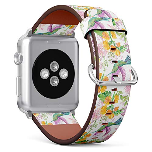 Compatible with Big Apple Watch 42mm, 44mm, 45mm (All Series) Leather Watch Wrist Band Strap Bracelet with Adapters (Floral Bird Hummingbird)
