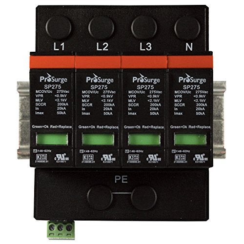 ASI ASISP275-4P UL 1449 4th Ed. DIN Rail Mounted Surge Protection Device, Screw Clamp Terminals, 4 Pole, 3 Phase 415/240 Vac, Pluggable MOV Module