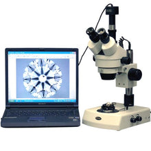 Load image into Gallery viewer, AmScope SM-2TZ-DK-M Digital Professional Trinocular Stereo Zoom Microscope, WH10x Eyepieces, 3.5X-90X Magnification, 0.7X-4.5X Zoom Objective, Upper and Lower Halogen Lighting, Pillar Stand, 110V-120V
