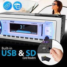 Load image into Gallery viewer, Pyle Marine Bluetooth Stereo Radio - 12v Single DIN Style Boat In dash Radio Receiver System with Built-in Mic, Digital LCD, RCA, MP3, USB, SD, AM FM Radio - Remote Control - PLMRB29W (White)
