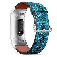 Replacement Leather Strap Printing Wristbands Compatible with Fitbit Charge 3 / Charge 3 SE - Abstract Summer Geometric Pattern with Fitbit Watercolor Tropical Flowers, Palm Leaves and Marble Texture