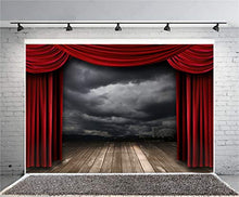 Load image into Gallery viewer, Laeacco Red Curtain Stage Backdrop 10x8ft Vinyl Red Curtain Cloudy Background Old Wooden Floor Spotlight Photography Background Live Show Performance Banner Adult Child Portrait Shoot Photocall
