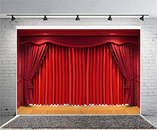 Load image into Gallery viewer, Laeacco Red Curtain Stage Backdrop 10x8&#39; Vinyl Closing Red Curtains Stage Wood Grain Tile Floor Spotlights Photography Background Studio Child Adult Portrait Shoot Chorus Show Party Banner
