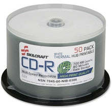 Load image into Gallery viewer, 7045016269521 SKILCRAFT CD Recordable Media - CD-R - 52x - 700 MB - 50 Pack Spindle - 120mm - Printable - Thermal Printable - 1.33 Hour Maximum Recording Time
