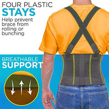 Load image into Gallery viewer, BraceAbility Industrial Work Back Brace | Removable Suspender Straps for Heavy Lifting Safety - Lower Back Pain Protection Belt for Men &amp; Women in Construction, Moving and Warehouse Jobs (XL)
