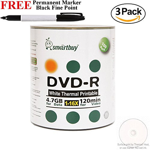 Smartbuy 300-disc 4.7GB/120min 16x DVD-R White Thermal Hub Printable Blank Media Disc + Black Permanent Marker