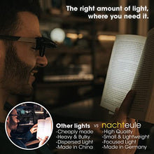 Load image into Gallery viewer, Nachteule Rechargeable Book Light for Glasses. Led Reading Light. Clip on Design Made in Germany. Complimentary Protective Case Included
