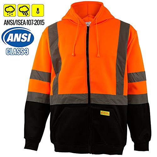 New York Hi-Viz Workwear H9011 Men's ANSI Class 3 High Visibility Class 3 Sweatshirt, Full Zip Hooded,Lightweight, Black Bottom (3-XL)
