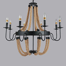 Load image into Gallery viewer, Industrial Iron Matte Black Finish Rope Candle Chandelier - LITFAD 33.46&quot; Retro Vintage Antique Pendant Light Ceiling Light with 8 Lights
