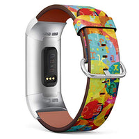 Replacement Leather Strap Printing Wristbands Compatible with Fitbit Charge 3 / Charge 3 SE - Pattern with Fitbit Colorful Letters and Circles Texture