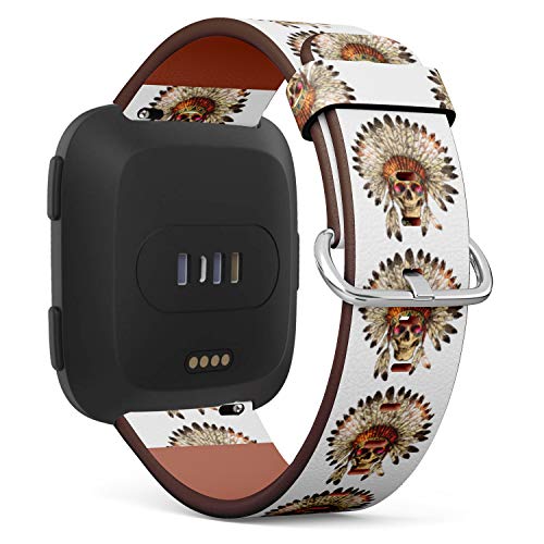 Replacement Leather Strap Printing Wristbands Compatible with Fitbit Versa - Native American Indian Chief Skull