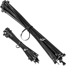 Load image into Gallery viewer, Pro-Grade, Black Zip Ties Multisize Set of 100. High-Strength Cable Tie Pack Has 50x 6 and 10 inch UV-Resistant Nylon Fasteners. Durable Wraps For Storage, Organization and Wire Management.

