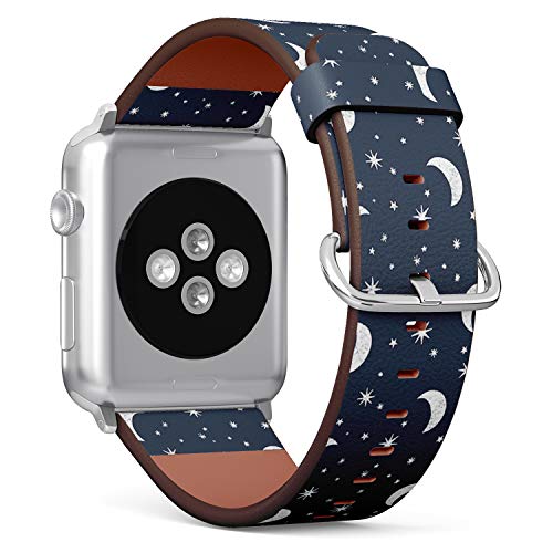 Compatible with Small Apple Watch 38mm, 40mm, 41mm (All Series) Leather Watch Wrist Band Strap Bracelet with Adapters (Moon Stars Night)