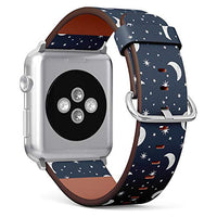 Compatible with Big Apple Watch 42mm, 44mm, 45mm (All Series) Leather Watch Wrist Band Strap Bracelet with Adapters (Moon Stars Night)