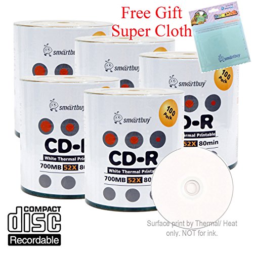 Smartbuy 500-disc 700mb/80min 52x CD-R White Thermal Hub Printable Recordable Disc + Free Micro Fiber Cloth