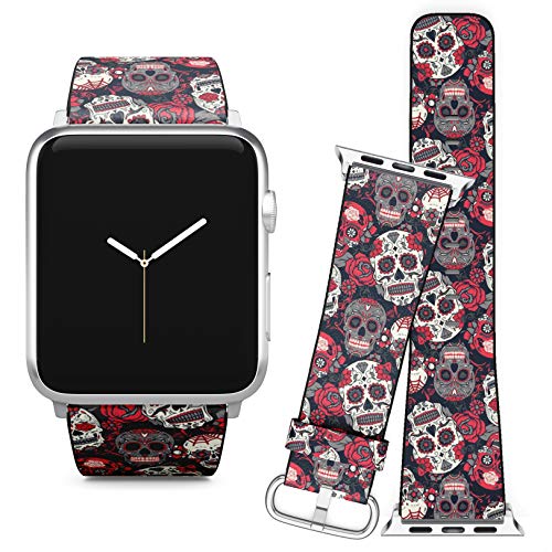 Compatible with Apple Watch iWatch (38/40 mm) Series 5, 4, 3, 2, 1 // Soft Leather Replacement Bracelet Strap Wristband + Adapters // Day Dead Colorful Sugar Skull