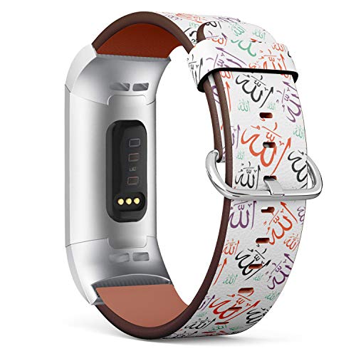 Replacement Leather Strap Printing Wristbands Compatible with Fitbit Charge 3 / Charge 3 SE - Pattern with Fitbit Symbols of Names of god in Islam Allah